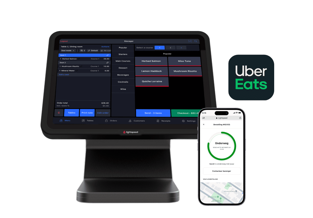 iPad met Lightspeed Restaurant interface, iPhone met bestelling die onderweg is, logo van Uber Eats.