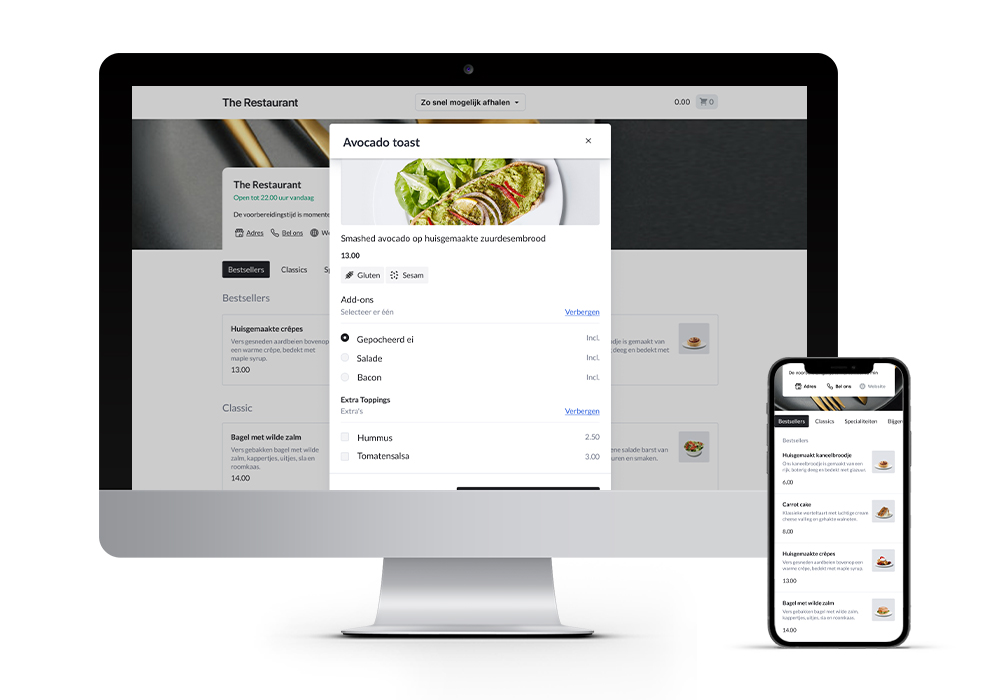 Desktop en smartphone met online menu en besteloverzicht